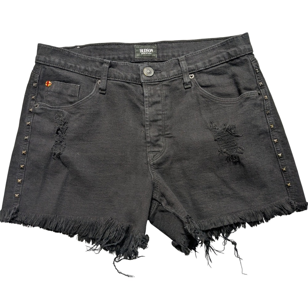 Hudson Libertine Boyfriend Studded Distressed Black Denim Shorts Size 28 USA
